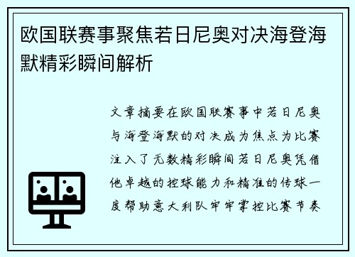 欧国联赛事聚焦若日尼奥对决海登海默精彩瞬间解析