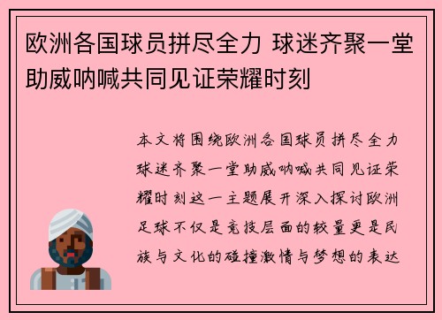 欧洲各国球员拼尽全力 球迷齐聚一堂助威呐喊共同见证荣耀时刻