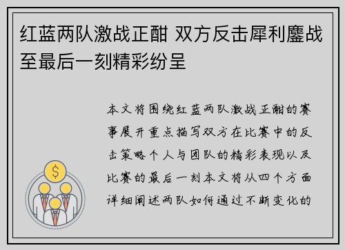 红蓝两队激战正酣 双方反击犀利鏖战至最后一刻精彩纷呈