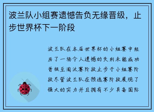 波兰队小组赛遗憾告负无缘晋级，止步世界杯下一阶段