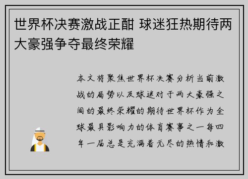 世界杯决赛激战正酣 球迷狂热期待两大豪强争夺最终荣耀